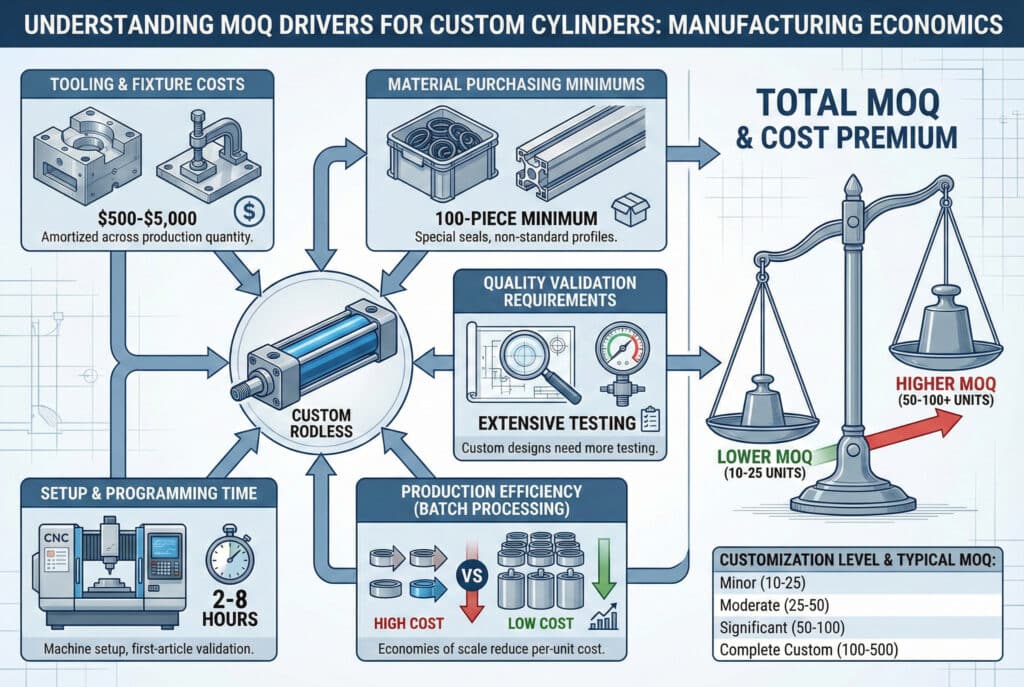 Infografika pod nazivom "Razumijevanje pokretača minimalnih količina narudžbe za prilagođene cilindre: ekonomija proizvodnje", koja ilustrira pet ključnih faktora koji doprinose minimalnim količinama narudžbe. Centralni prilagođeni cilindar bez klipa okružen je panelima: "Troškovi alata i stezanja" ($500-$5.000), "Vrijeme podešavanja i programiranja" (2-8 sati), "Minimalne količine kupovine materijala" (minimum 100 komada), "Učinkovitost proizvodnje (serijska obrada)" i "Zahtjevi za provjeru kvalitete" (opsežno testiranje). Strelice ih povezuju sa vagom koja prikazuje "Ukupnu minimalnu količinu narudžbe (MOQ) i premiju na troškove", gdje viši troškovi dovode do viših MOQ-ova (50-100+ jedinica) u odnosu na niže MOQ-ove (10-25 jedinica). Tabela u donjem desnom uglu sažima "Nivo prilagođavanja i tipični MOQ"."