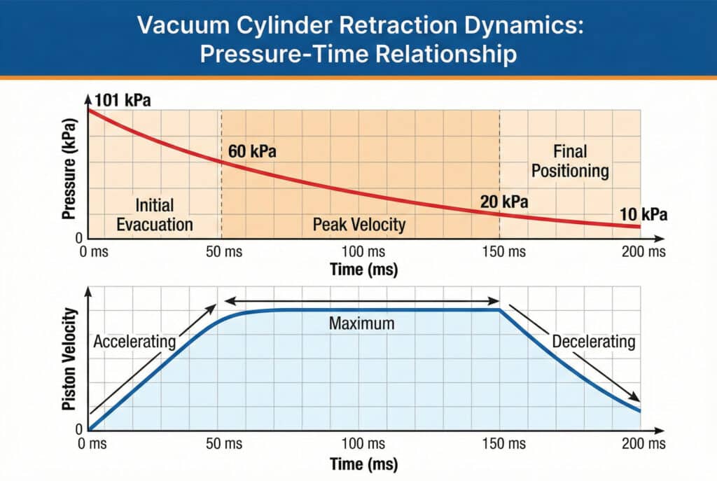 แผนภูมิเทคนิคแบบกราฟคู่ที่แสดงความสัมพันธ์ระหว่างแรงดันกับเวลาในกระบวนการหดตัวของกระบอกสูบในสุญญากาศ กราฟด้านบนแสดงแรงดันที่ลดลงจาก 101 kPa ผ่านสามช่วง (การระบายอากาศเริ่มต้น, ความเร็วสูงสุด, การจัดตำแหน่งสุดท้าย) ในขณะที่กราฟด้านล่างแสดงการเปลี่ยนแปลงความเร็วของลูกสูบ (เร่ง, สูงสุด, ลดความเร็ว) ตลอดระยะเวลา 200 มิลลิวินาที.
