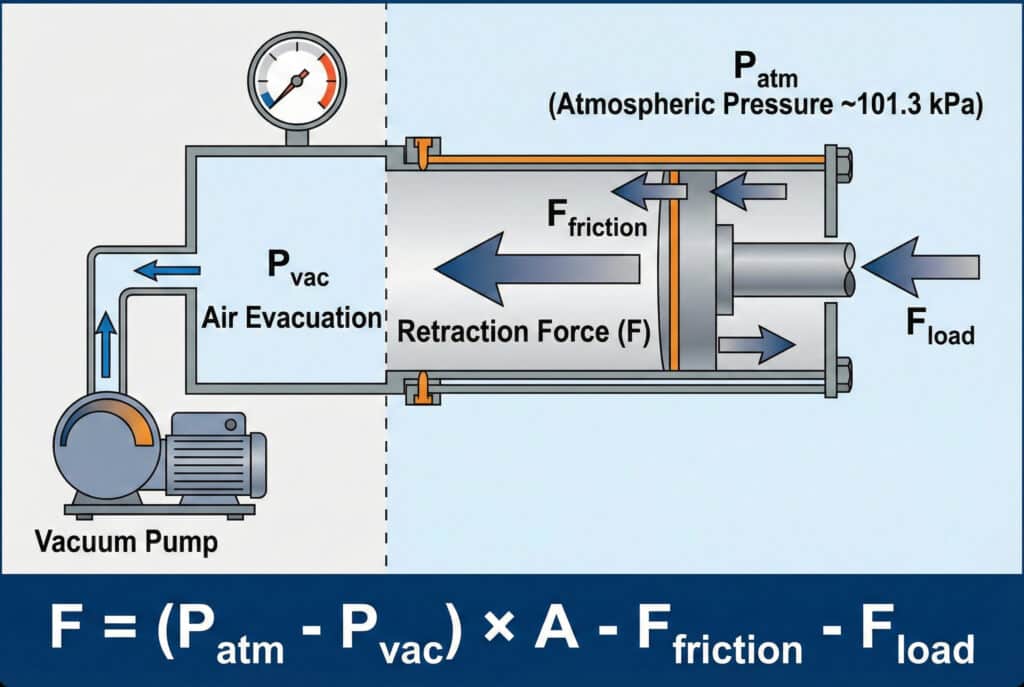 แผนภาพทางเทคนิคที่แสดงหลักฟิสิกส์ของการหดตัวของกระบอกสุญญากาศ โดยแสดงความสัมพันธ์ระหว่างแรงดันอากาศที่กระทำต่อแรงดันสุญญากาศเพื่อสร้างแรงหดตัว พร้อมทั้งคำนึงถึงแรงเสียดทานและแรงต้านทานของน้ำหนัก สูตรแรงพื้นฐานแสดงไว้อย่างชัดเจนใต้ภาพตัดขวาง.