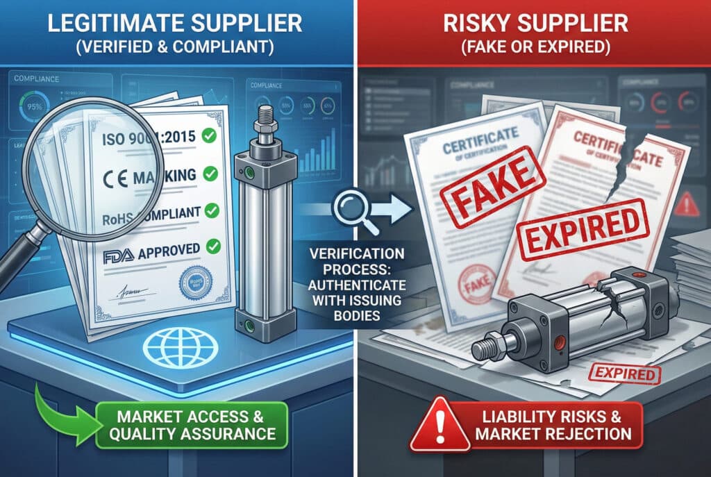 Infografika s podijeljenim panelom koja uspoređuje "LEGITIMNOG DOBROVLJATELJA" s provjerenim certifikatima (ISO 9001:2015, CE, RoHS, FDA) i kvalitetnim proizvodom, što omogućava pristup tržištu, nasuprot "RISIKANTNOM DOBROVLJATELJU" s lažnim i isteklim certifikatima i neispravnim proizvodom, što rezultira rizicima od odgovornosti. Centralna ikona lupe ističe "PROCES VERIFIKACIJE"."