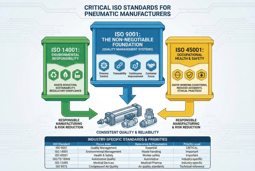 Infografika pod naslovom "Ključni ISO standardi za proizvođače pneumatskih cilindara" ilustrira tri ključne certifikacije. Veliki središnji plavi stup, označen kao "ISO 9001: Neupitna osnova (sustavi upravljanja kvalitetom)", s ikonama za kontrolu procesa, sljedivost, kontinuirano poboljšanje i usmjerenost na kupca, upućuje na pneumatski cilindar, ventil i spojku, simbolizirajući "dosljednu kvalitetu i pouzdanost". Zeleni stup na lijevoj strani, "ISO 14001: Ekološka odgovornost", i žuti stup na desnoj strani, "ISO 45001: Zdravlje i sigurnost na radu", također upućuju na komponente, predstavljajući "Odgovorno proizvodstvo i smanjenje rizika". Tablica u nastavku sažima "industrijske standarde i prioritete" za ISO 9001, 14001, 45001, ISO/TS 16949, ISO 13485 i ISO 8573.