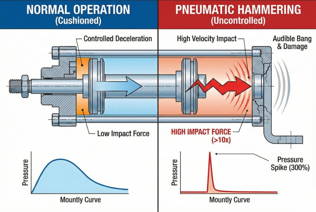 แผนภูมิเปรียบเทียบทางเทคนิคที่แสดงถึงความแตกต่างระหว่างการปฏิบัติการของกระบอกลมแบบมีเบาะรองรับปกติกับการกระแทกแบบลมอัด ด้านซ้าย (สีน้ำเงิน) แสดงการลดความเร็วที่ควบคุมได้และแรงกระแทกต่ำพร้อมเส้นโค้งความดันที่ราบรื่น ด้านขวา (สีแดง) แสดงการกระแทกด้วยความเร็วสูง เสียงดังกระทบ โครงสร้างเสียหาย (รอยร้าว) และแรงกระแทกที่สูงกว่ามาก (>10 เท่า) พร้อมการพุ่งขึ้นของความดันที่คมชัด 300%.