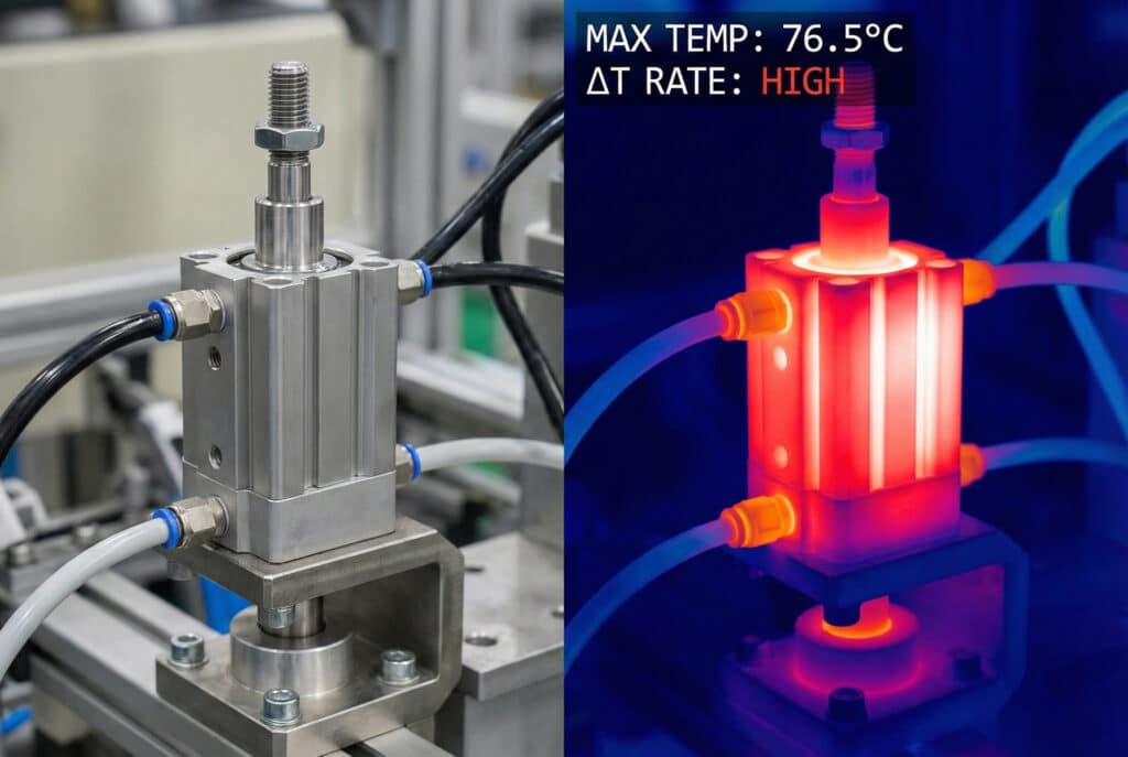 การเปรียบเทียบแบบมุมมองแยก แสดงภาพถ่ายแสงที่มองเห็นได้ของกระบอกสูบอากาศแบบระยะชักสั้นทางซ้าย และภาพการมองเห็นความร้อนของกระบอกสูบเดียวกันทางขวา ภาพความร้อนเน้นการสะสมความร้อนอย่างเข้มข้น (เป็นสีแดงและขาวสว่าง พร้อมค่าอ่านที่ 76.5°C) ในตัวกระบอกสูบและช่องพอร์ต ซึ่งเกิดจากการเสียดสีและการอัดอากาศในระหว่างการปฏิบัติงานที่มีความถี่สูง.