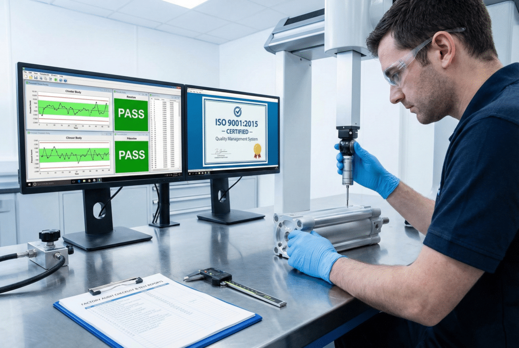 Tehničar kontrole kvaliteta koristi CMM sondu za pregled pneumatskog cilindra u čistoj laboratoriji, dok monitori prikazuju certifikat ISO 9001 i rezultate testa "PASS", uz kontrolnu listu fabričke revizije.