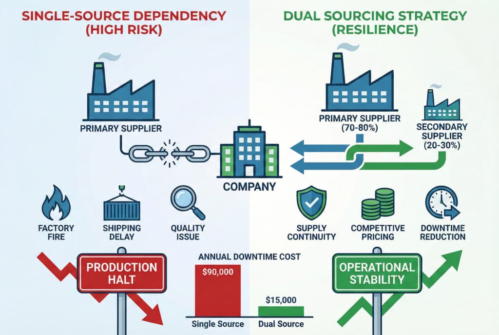 Poređiva infografika koja ilustruje rizike ovisnosti o jednom dobavljaču u odnosu na prednosti strategije dvostrukog nabavljanja za otpornost lanca snabdijevanja. Prikazuje jednog dobavljača povezanog sa zaustavljanjem proizvodnje i visokim troškovima zastoja, u kontrastu sa primarnim i sekundarnim dobavljačima koji dovode do operativne stabilnosti, kontinuiteta snabdijevanja i značajno smanjenih troškova zastoja, uključujući i stupčasti dijagram koji prikazuje $90.000 naspram $15.000 godišnjih troškova zastoja.