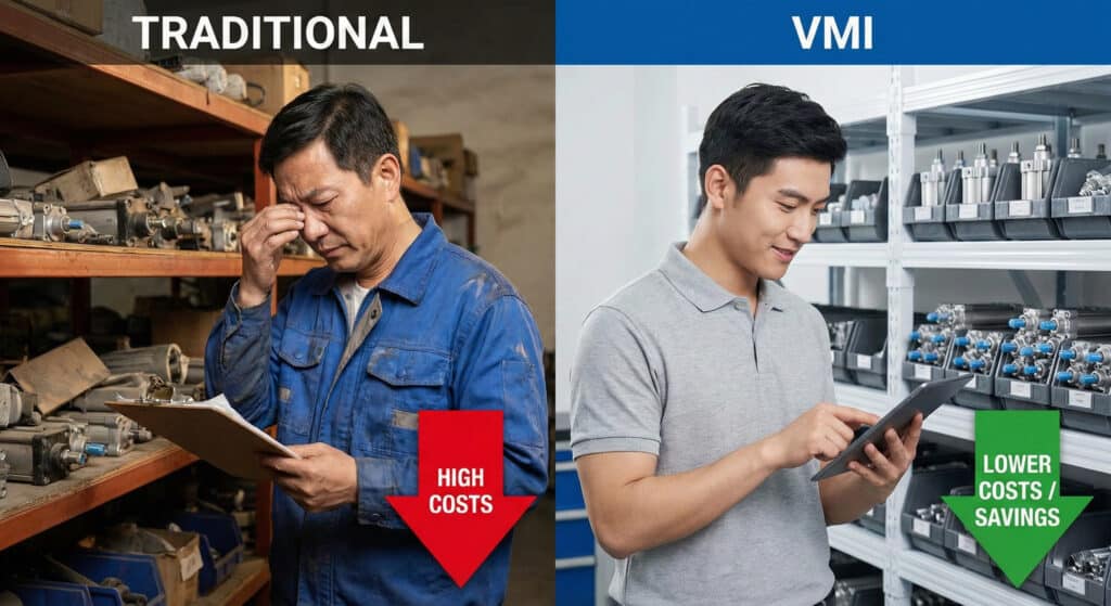Fotografija sa podijeljenim ekranom prikazuje dva kineska muškarca u skladištima. Na lijevoj strani, označenoj 'TRADICIONAL', stariji, pod stresom muškarac s planerom stoji pored neurednih polica i strelice 'VISOKI TROŠKOVI'. Na desnoj strani, označenoj 'VMI', mlađi, nasmijani muškarac koristi tablet pored urednih polica i strelice 'NIŽI TROŠKOVI / UŠTEDE'.