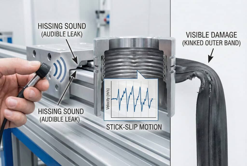 תמונה טכנית מורכבת הממחישה שלושה סימנים עיקריים לכשל ברצועה הפנימית של צילינדר ללא מוט: צליל שריקה נשמע ליד המנשא, גרף המציג תנועה מקוטעת של "החלקה-היתקעות" ונזק גלוי לרצועת האבק החיצונית.