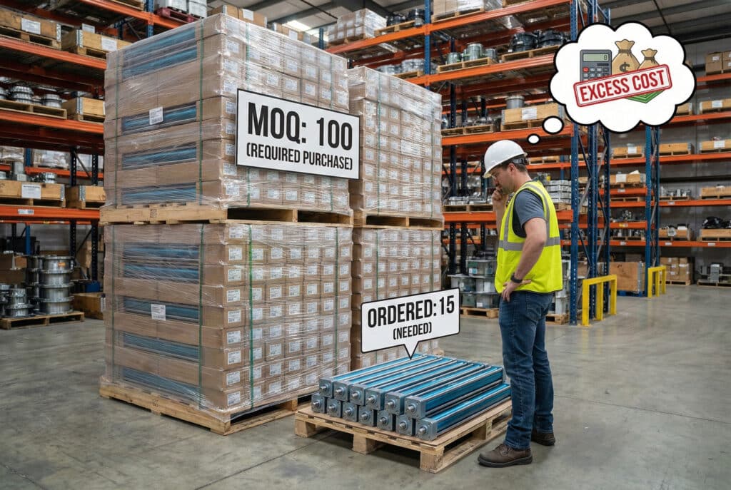 Radnik u skladištu frustrirano gleda malu paletu od 15 cilindara bez klipa s oznakom "NARUČENO: 15 (POTREBNO)" pored mnogo veće palete identično zapakovanih cilindara s oznakom "MOQ: 100 (OBVEZNA KUPOVINA)", što vizualizira izazov minimalnih količina narudžbe. Mislna mjehurić iznad njegove glave prikazuje kalkulator, vreće novca i crveni pečat s natpisom "PREKORAČENI TROŠAK".