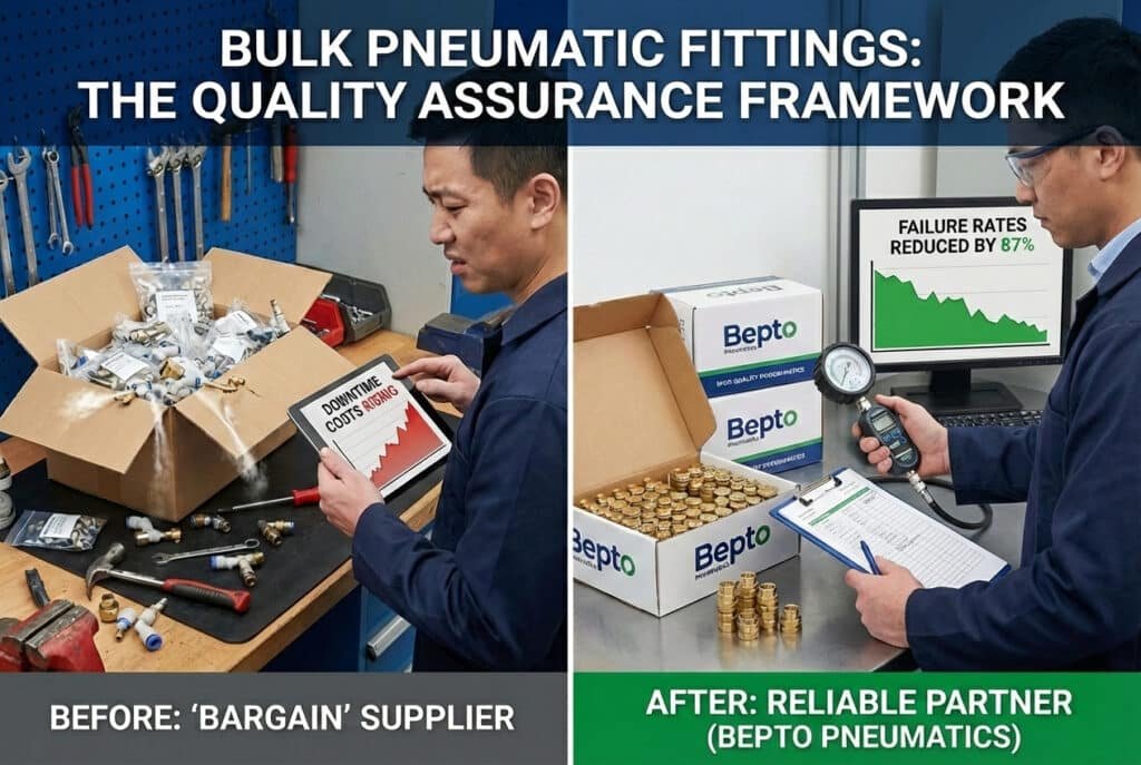 A split-screen photograph comparing two industrial settings, titled "Bulk Pneumatic Fittings: The Quality Assurance Framework." The left side, labeled "BEFORE: 'BARGAIN' SUPPLIER," shows a technician frustrated with a box of cheap fittings and a tablet showing rising "DOWNTIME COSTS." The right side, labeled "AFTER: RELIABLE PARTNER (BEPTO PNEUMATICS)," shows a professional inspector with Bepto-branded boxes of quality fittings, a pressure gauge, and a monitor displaying a graph with "FAILURE RATES REDUCED BY 87%."