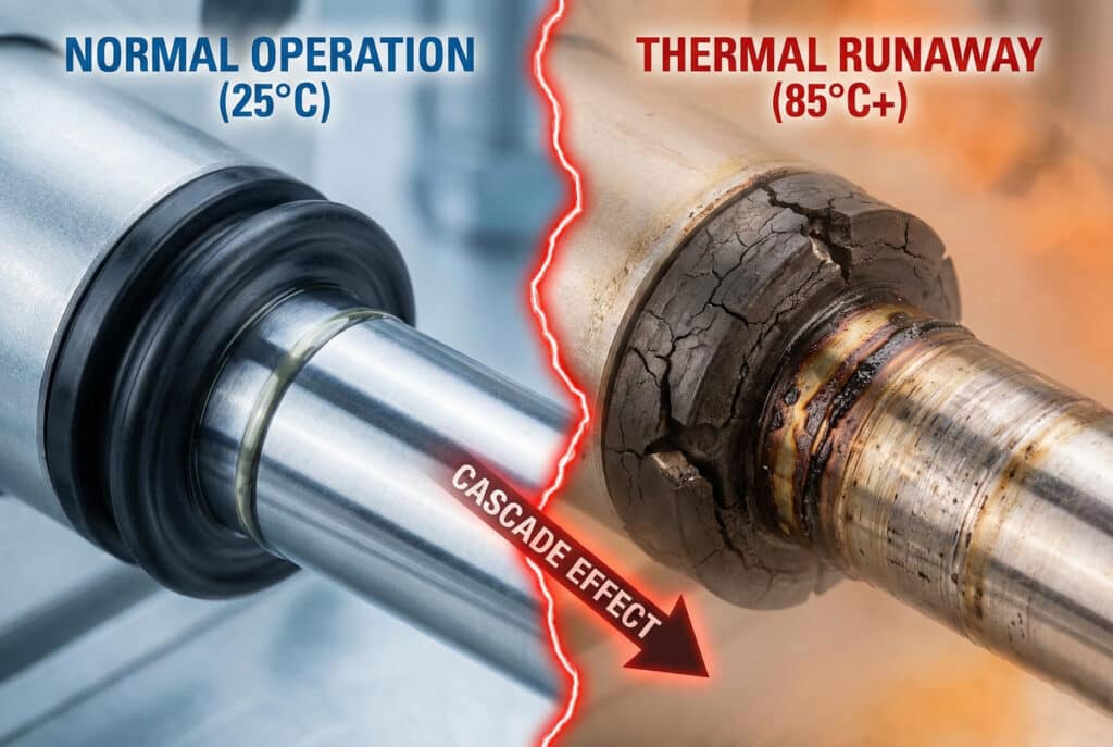 ภาพถ่ายมาโครแบบแบ่งหน้าจอเปรียบเทียบซีลนิวแมติกและลูกสูบที่สมบูรณ์ในสภาวะ "การทำงานปกติ (25°C)" ทางด้านซ้าย กับซีลที่เสียหายจากความร้อนและแตก รวมถึงลูกสูบที่มีรอยขีดข่วนในสภาวะ "การทำงานเกินขีดจำกัดความร้อน (85°C ขึ้นไป)" ทางด้านขวา ลูกศรสีแดงที่มีป้ายกำกับว่า "ผลกระทบแบบลูกโซ่" ชี้จากด้านปกติไปยังด้านที่ล้มเหลว แสดงให้เห็นถึงความเสียหายที่ค่อยๆ เพิ่มขึ้นอันเนื่องมาจากการสะสมของความร้อน.