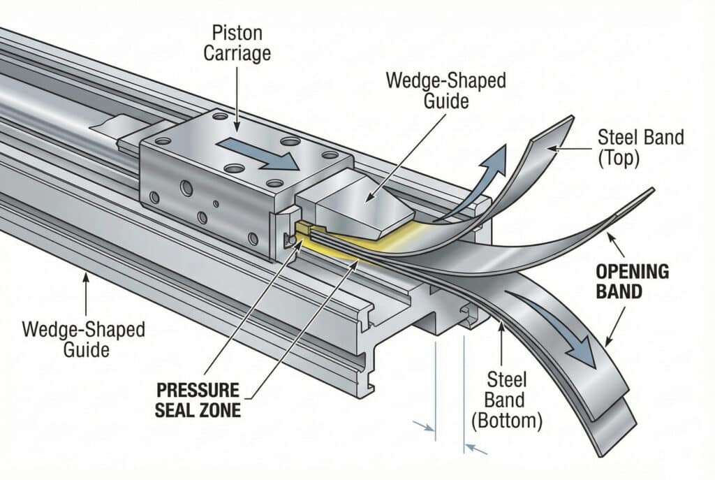 くさび形ガイド機構がスチールバンドを分離しているロッドレスシリンダの切断面図を示す詳細技術図。ラベルは、ピストンキャリッジ、くさび形ガイド、スチールバンド（上部および下部）、プレッシャーシールゾーン、およびオープニングバンドを示す。.