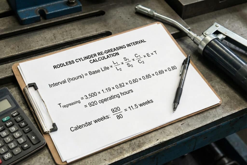ภาพถ่ายระยะใกล้ของคลิปบอร์ดที่มีแผ่นคำนวณสำหรับ "การคำนวณช่วงเวลาการหล่อลื่นใหม่ของกระบอกสูบไร้ก้าน" ในสภาพแวดล้อมอุตสาหกรรม แสดงสูตรและตัวอย่างการคำนวณเฉพาะซึ่งได้ผลลัพธ์เป็น "11.5 สัปดาห์" ถัดจากปืนอัดจาระบี ปากกา และเครื่องคิดเลข.