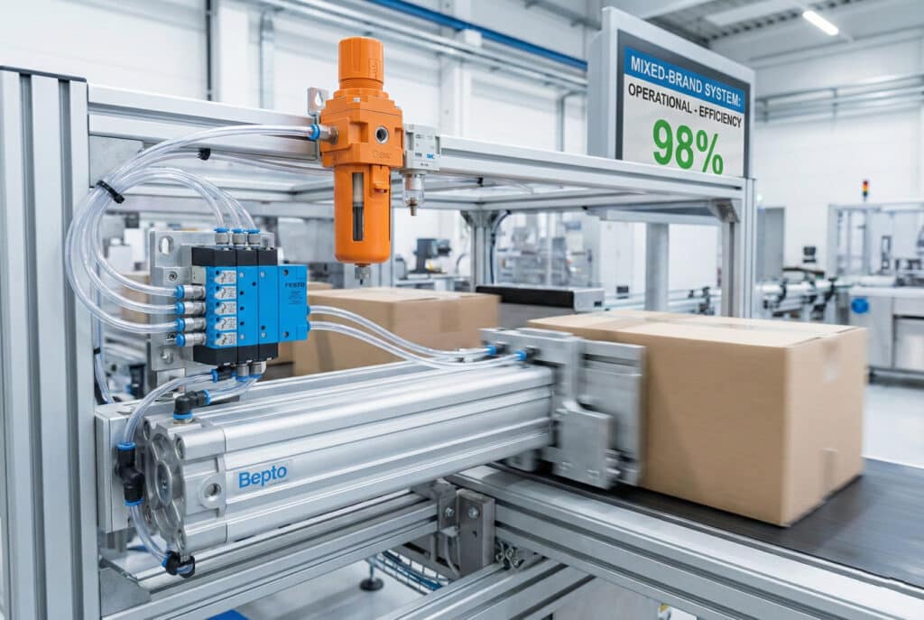 Dinamična fotografija automatizirane mašine za pakovanje u fabrici, koja prikazuje pneumatski sistem miješanih brendova. Plavi Festo razvodnik ventila upravlja srebrnim Bepto cilindrom bez klipa koji gura kutije na transportnoj traci. Narančasti SMC filter-regulator zraka je također dio postrojenja. Digitalni ekran iznad prikazuje "MIXED-BRAND SYSTEM: OPERATIONAL - EFFICIENCY 98%", što pokazuje uspješnu integraciju komponenti različitih proizvođača.