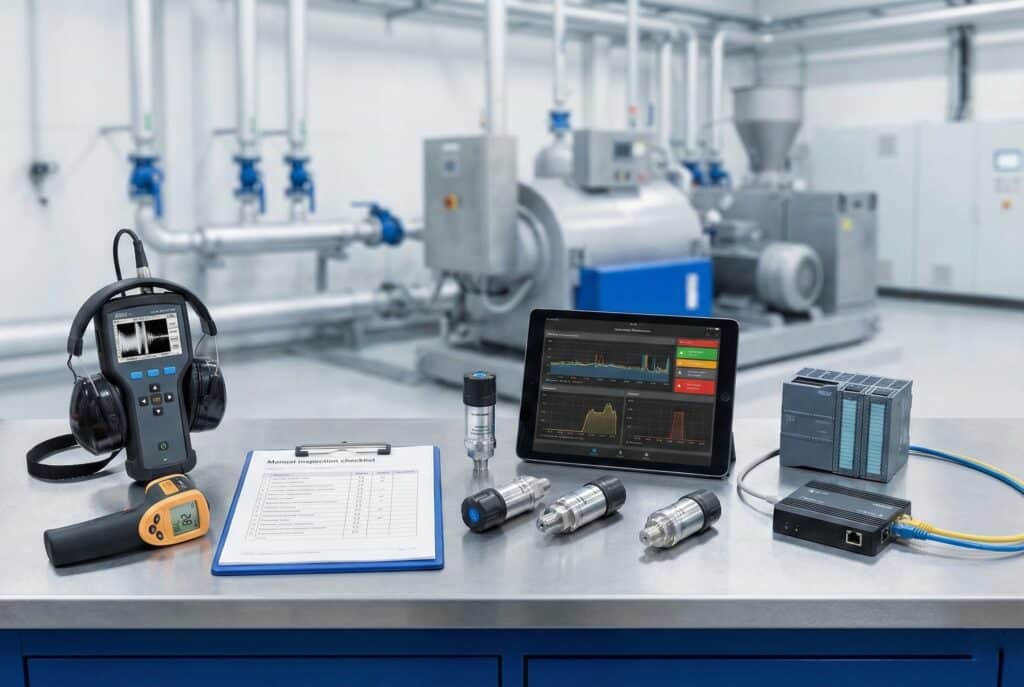 ชุดเครื่องมือบำรุงรักษาเชิงพยากรณ์บนโต๊ะทำงานในโรงงาน ประกอบด้วยเครื่องตรวจจับการรั่วไหลด้วยคลื่นเสียงความถี่สูง เครื่องวัดอุณหภูมิอินฟราเรด รายการตรวจสอบแบบแมนนวล เซ็นเซอร์ไร้สาย แท็บเล็ตแสดงข้อมูล และหน่วย PLC.