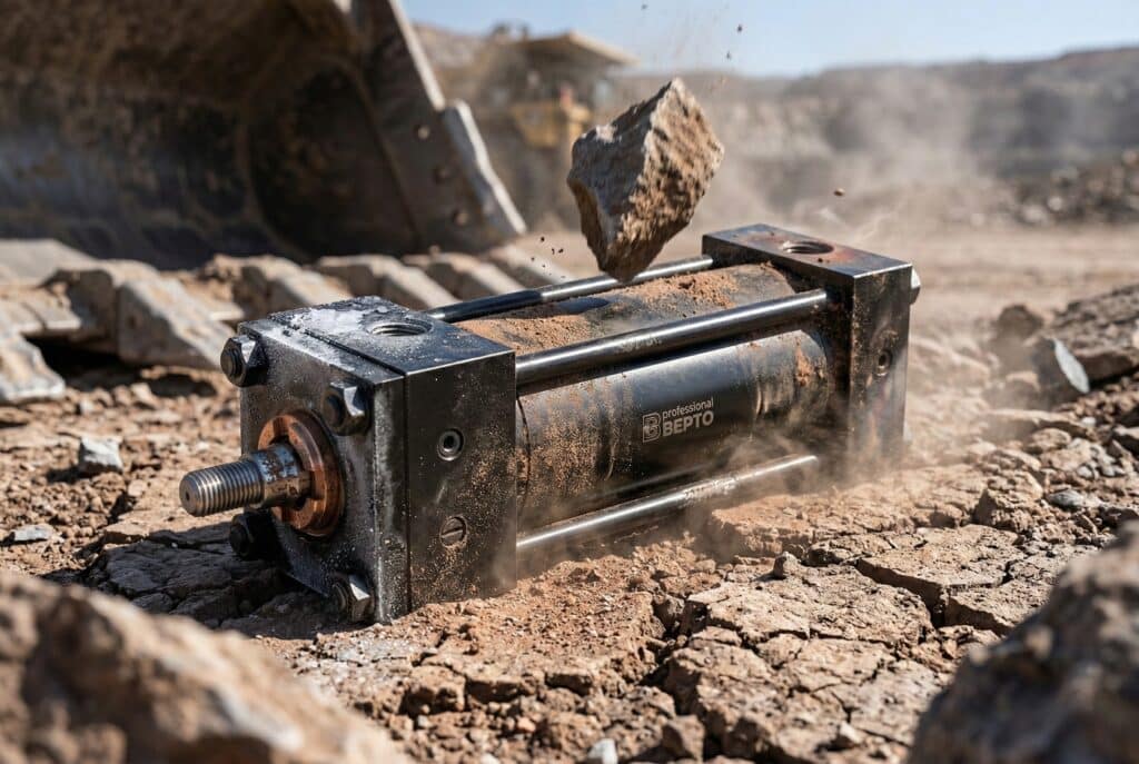 ภาพถ่ายรายละเอียดของกระบอกสูบนิวแมติก Bepto ที่มีความทนทานสูง โดดเด่นด้วยฝาปิดปลายสีดำที่แม่นยำและรายละเอียดเฉพาะจาก image_4.png ทนต่อการโจมตีหลายรูปแบบพร้อมกันในสภาพแวดล้อมการทำเหมืองที่รุนแรง รวมถึงฝุ่นซิลิกาที่กัดกร่อน การกระแทกทางกายภาพอย่างต่อเนื่อง และการเปลี่ยนแปลงอุณหภูมิที่รุนแรง.