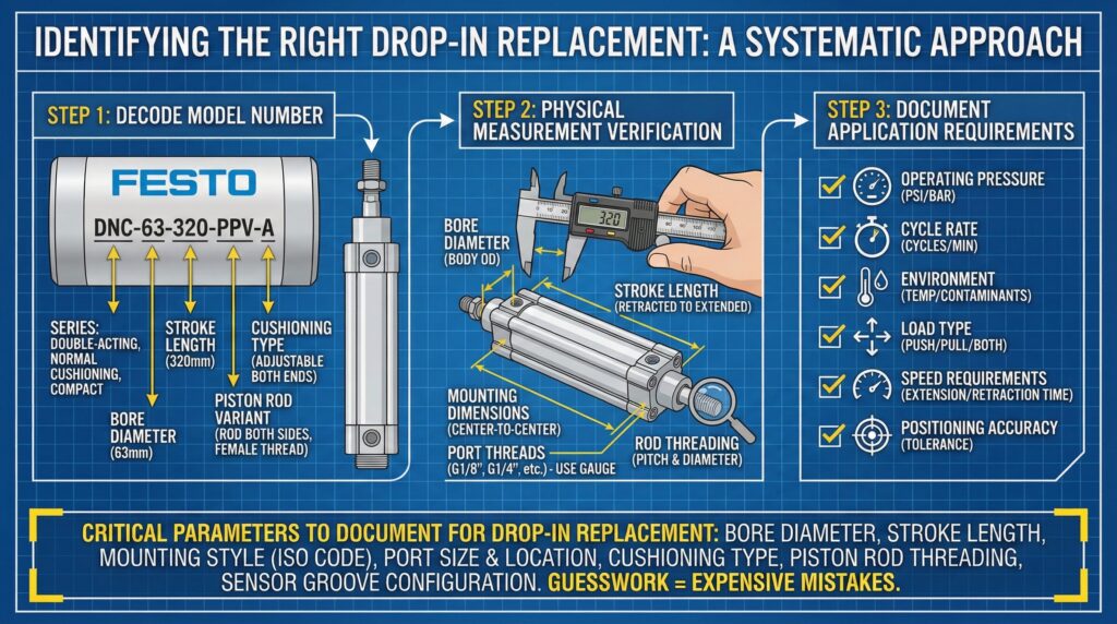 A technical blueprint infographic titled "Identifying the Right Drop-In Replacement: A Systematic Approach." It details a three-step process: Step 1 shows decoding a Festo DNC-63-320-PPV-A model number nameplate into its specific specifications. Step 2 illustrates physical measurement verification using digital calipers on a cylinder to check bore diameter, stroke length, mounting dimensions, port threads, and rod threading. Step 3 displays a checklist for documenting application requirements like operating pressure, cycle rate, environment, load type, speed, and positioning accuracy. A prominent banner at the bottom warns against guesswork and lists seven critical parameters to document.