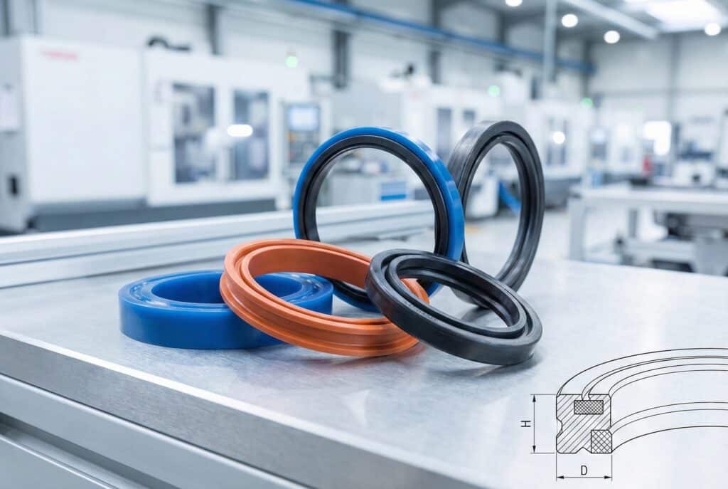 ภาพถ่ายระยะใกล้ของซีลกระบอกสูบนิวแมติกขั้นสูงหลากหลายชนิดจากวัสดุสมัยใหม่ต่าง ๆ เช่น โพลียูรีเทนและ HNBR บนพื้นผิวโลหะ โดยมีฉากหลังเป็นโรงงานอุตสาหกรรมที่เบลอ แสดงให้เห็นถึงความสำคัญในเทคโนโลยีซีล.