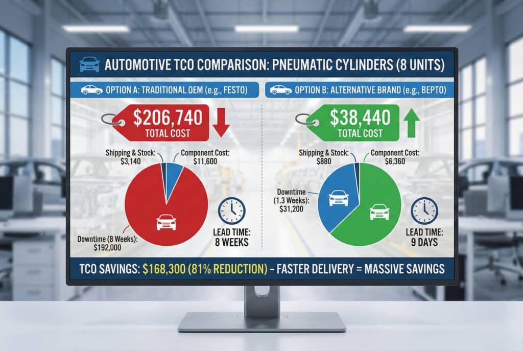 An infographic displayed on a monitor within an automotive factory setting compares the Total Cost of Ownership (TCO) for replacing eight pneumatic cylinders. Option A, using a traditional OEM like Festo, shows a total cost of $206,740 with an 8-week lead time and significant downtime costs. Option B, using an alternative brand like Bepto, shows a substantially lower total cost of $38,440 with a 9-day lead time. The chart highlights a total TCO saving of $168,300 (81% reduction), emphasizing that faster delivery results in massive savings by minimizing costly production downtime.