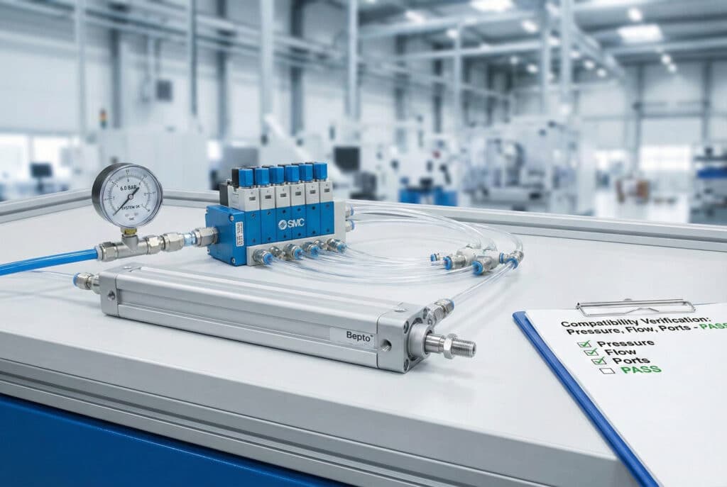 Egy tiszta ipari munkapadon készült professzionális fényképen egy Bepto rúd nélküli henger látható, amely csöveken keresztül egy kék SMC szelepes elosztóhoz csatlakozik. A nyomásmérő stabil értéket jelez, és a berendezés melletti vágólapon egy ellenőrző lista található 'Kompatibilitás ellenőrzése' címmel, amelyen minden elemet 'PASS'-nak jelöltek.