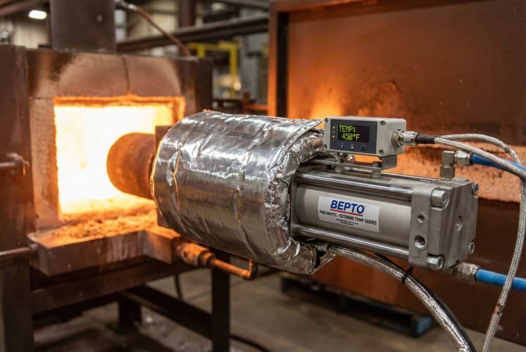 ภาพถ่ายระยะใกล้ของกระบอกลมนิรภัยสำหรับอุณหภูมิสุดขั้วยี่ห้อ Bepto ที่ติดตั้งผ้าห่มฉนวนกันความร้อนสะท้อนแสงและเซ็นเซอร์วัดอุณหภูมิสูงซึ่งแสดงค่า 450°F กำลังทำงานอยู่ข้างเตาหลอมอุตสาหกรรมที่กำลังลุกไหม้ในโรงงานหล่อโลหะ.