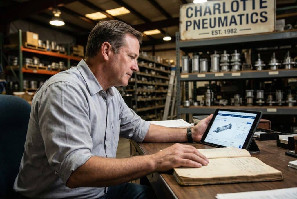 A man in a warehouse, representing a local distributor like Marcus in the story, sits at a desk and looks at a tablet displaying digital pneumatic product information while his hand rests on a traditional ledger book. This illustrates the transition from old-school methods to modern digital marketing.