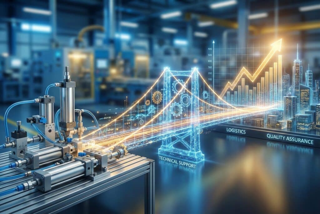 ภาพประกอบเชิงแนวคิดที่แสดงสะพานดิจิทัลเรืองแสงซึ่งมีป้ายกำกับว่า "ฝ่ายสนับสนุนทางเทคนิค" "ฝ่ายโลจิสติกส์" และ "ฝ่ายประกันคุณภาพ" เชื่อมต่อส่วนประกอบระบบนิวแมติกบนพื้นโรงงานเข้ากับกราฟการเติบโตทางธุรกิจที่พุ่งสูงขึ้นและทัศนียภาพเมือง.