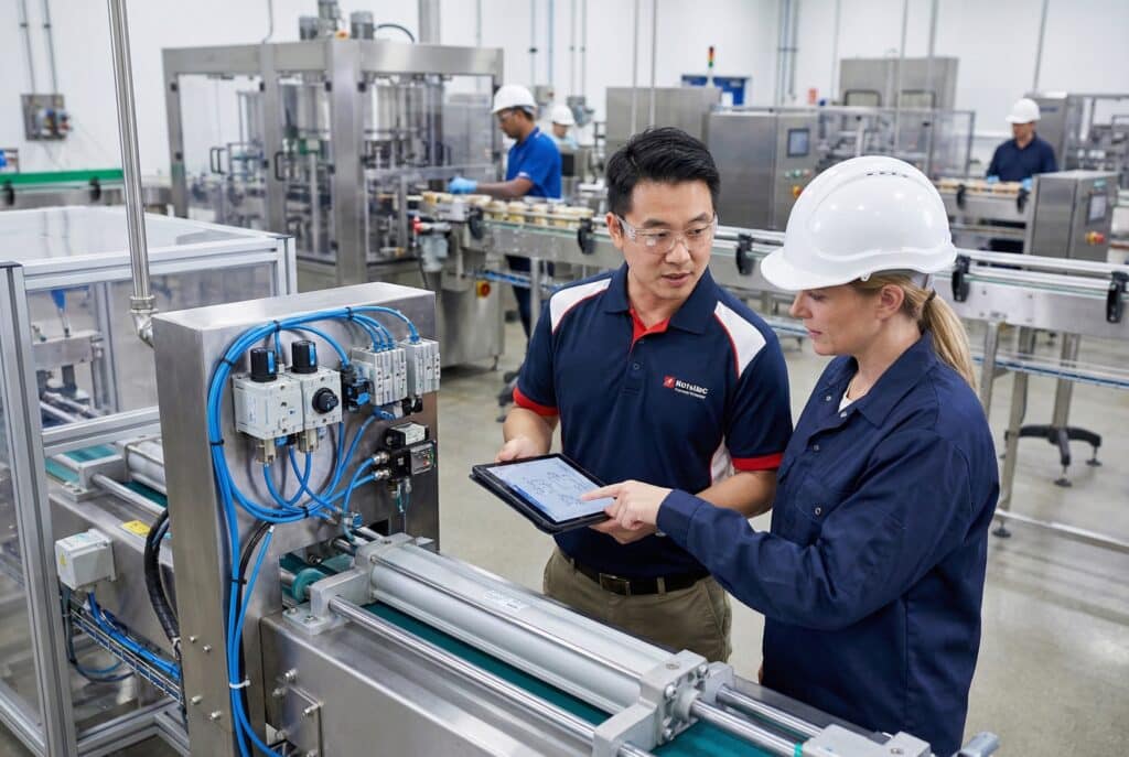 ผู้เชี่ยวชาญด้านเทคนิคจากเอเชียตะวันออกจากผู้จัดจำหน่ายให้การสนับสนุนในสถานที่แก่ผู้จัดการฝ่ายบำรุงรักษาหญิงชาวตะวันตกในโรงงานผลิต โดยหารือเกี่ยวกับโซลูชันระบบนิวแมติกบนแท็บเล็ต พร้อมอธิบายความแตกต่างของการบริการ.