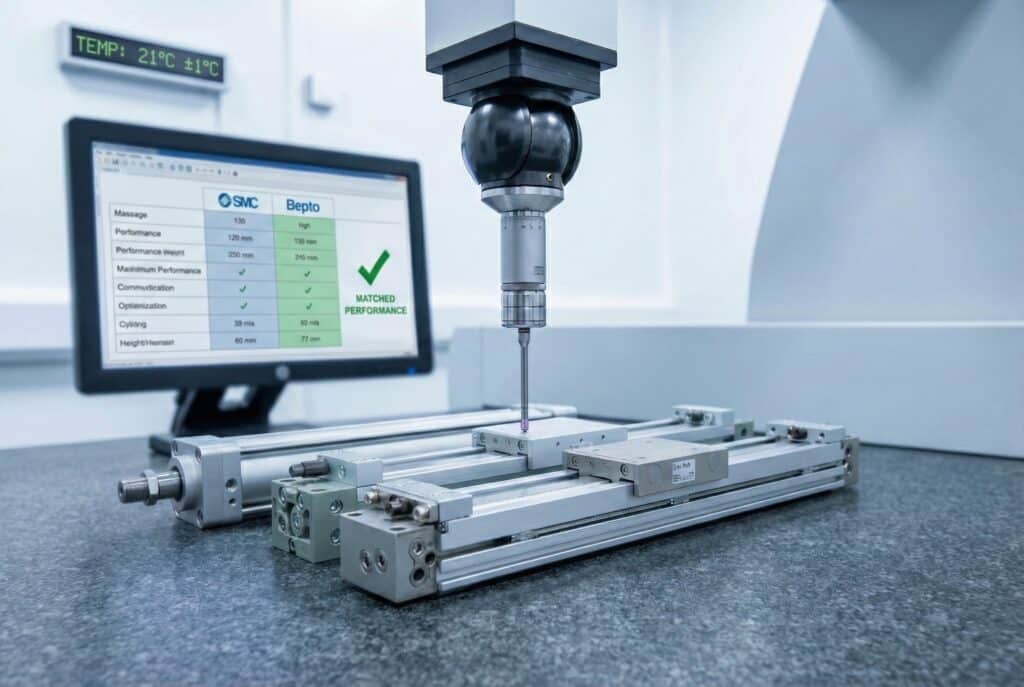 A Coordinate Measuring Machine (CMM) probe performs precise dimensional inspection on a variety of Bepto rodless cylinders in a climate-controlled quality control lab. A monitor in the background displays test results confirming "MATCHED PERFORMANCE" with SMC standards.