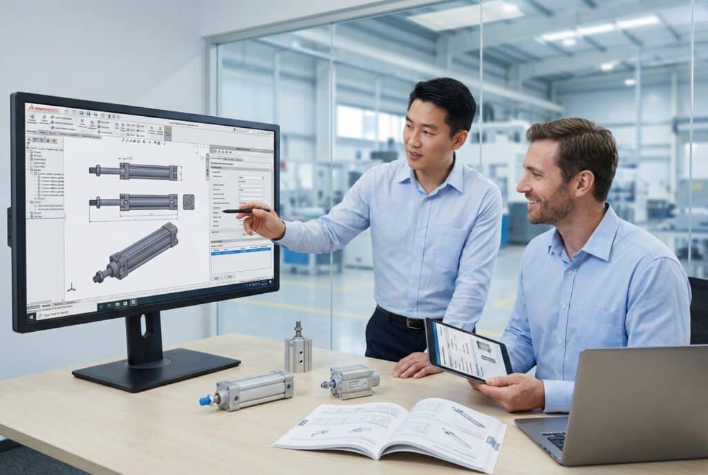 ภาพถ่ายของวิศวกรชาวเอเชียตะวันออกและผู้จัดจำหน่ายชาวตะวันตกกำลังร่วมมือกันในสำนักงานสมัยใหม่ กำลังหารือเกี่ยวกับภาพวาด CAD ของกระบอกลมบนหน้าจอขนาดใหญ่ ตัวอย่างผลิตภัณฑ์และคู่มือทางเทคนิควางอยู่บนโต๊ะ.