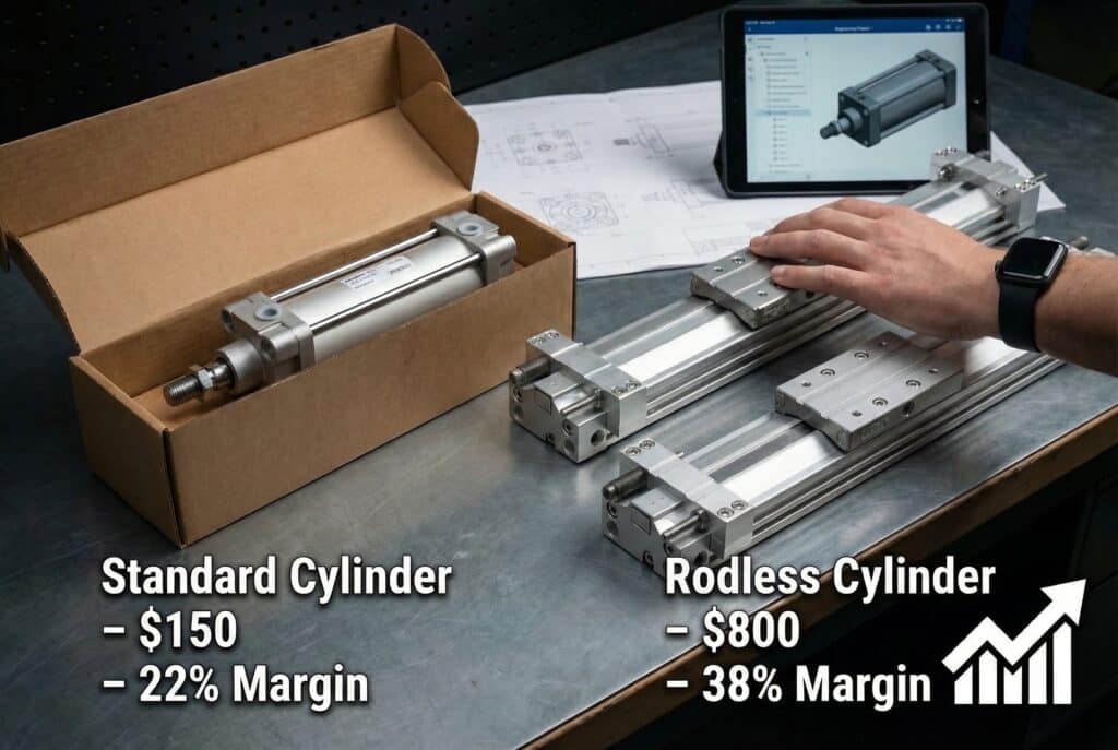 תצלום השוואתי זה לצד זה על שולחן עבודה הנדסי. משמאל, צילינדר פנאומטי סטנדרטי בקופסת קרטון עם הכיתוב "צילינדר סטנדרטי - $150 - 22% Margin". מימין, יד מונחת על אחד משני צילינדרים ארוכים מסוג SMC מאלומיניום ללא מוט, עם הכיתוב "צילינדר ללא מוט - $800 - 38% Margin" ועם סמל של גרף רווח עולה. ברקע נראים שרטוטים וטאבלט עם רישומים ב-CAD.