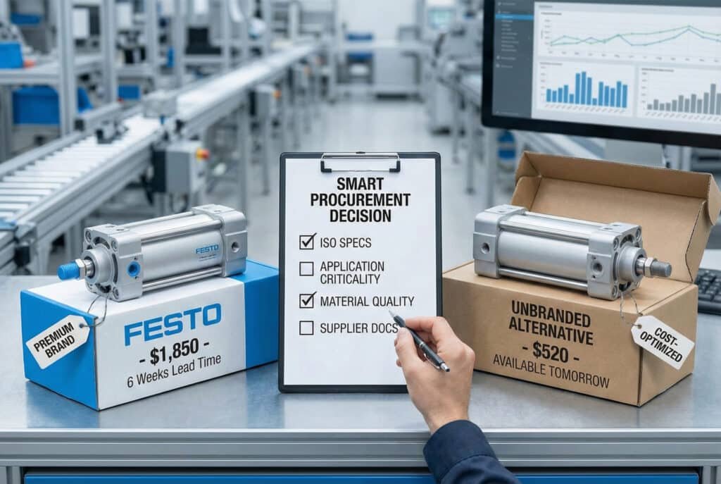 A visual comparison on an industrial workbench, showing a branded 'Festo' cylinder box with a higher price and long lead time next to an 'Unbranded Alternative' box with a lower price and immediate availability. A person is checking off factors on a 'Smart Procurement Decision' clipboard.