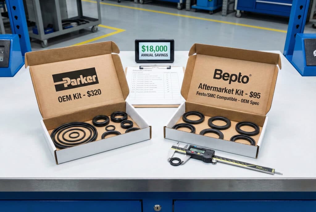 תמונה השוואתית של "ערכת OEM Parker $320" ו"ערכת Aftermarket Bepto $95" של אטמים, המונחות זו לצד זו על שולחן עבודה, עם שלט דיגיטלי ברקע שעליו כתוב "חיסכון שנתי של $18,000".