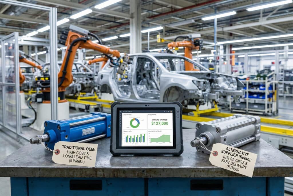 Порівняння на заводському верстаку, де традиційний дорогий циліндр OEM поруч з дешевшим циліндром альтернативного постачальника. На планшеті відображаються дані, що свідчать про значну щорічну економію коштів на тлі автомобільної складальної лінії з роботизованими маніпуляторами.