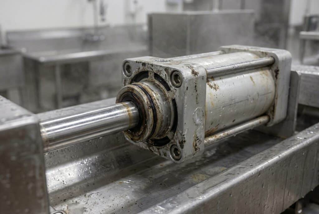 ภาพถ่ายระยะใกล้ของกระบอกลมอุตสาหกรรมมาตรฐานที่แสดงให้เห็นถึงรอยกัดกร่อนที่ผิวอย่างรุนแรงและการสึกหรอของซีลซึ่งเกิดจากการสัมผัสกับขั้นตอนการล้างด้วยสารเคมีที่รุนแรงบ่อยครั้ง.