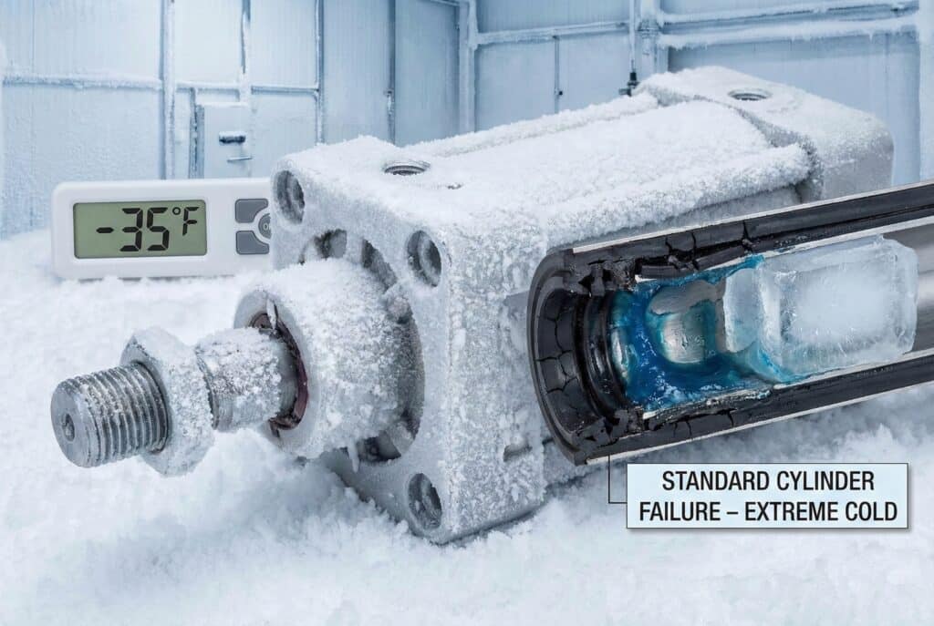 ภาพถ่ายตัดขวางแบบละเอียดของกระบอกลมมาตรฐานที่ปกคลุมด้วยน้ำค้างแข็งหนาแน่น แสดงกลไกความล้มเหลวภายในที่อุณหภูมิ -35°F มุมมองตัดขวางเผยให้เห็นซีล NBR ที่แตกร้าว น้ำมันหล่อลื่นสีฟ้าแข็งตัวเป็นน้ำแข็ง และก้อนน้ำแข็งแข็งที่ปิดกั้นรูภายใน โดยมีป้ายกำกับชี้ไปที่มันพร้อมข้อความว่า "ความล้มเหลวของกระบอกมาตรฐาน – อุณหภูมิเย็นจัด".