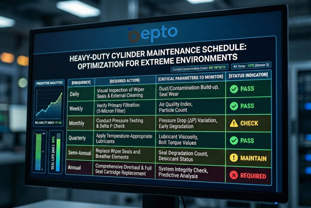 จอแสดงผลดิจิทัลสมัยใหม่ที่มีแสงสว่างสดใส แสดงตารางข้อมูลกำหนดการบำรุงรักษาที่ละเอียดและเป็นระบบสำหรับกระบอกสูบงานหนัก พร้อมระบุการดำเนินการเฉพาะ พารามิเตอร์สำคัญ และตัวบ่งชี้สถานะด้วยรหัสสี แทนบริบทการใช้งานผลิตภัณฑ์ใดๆ.