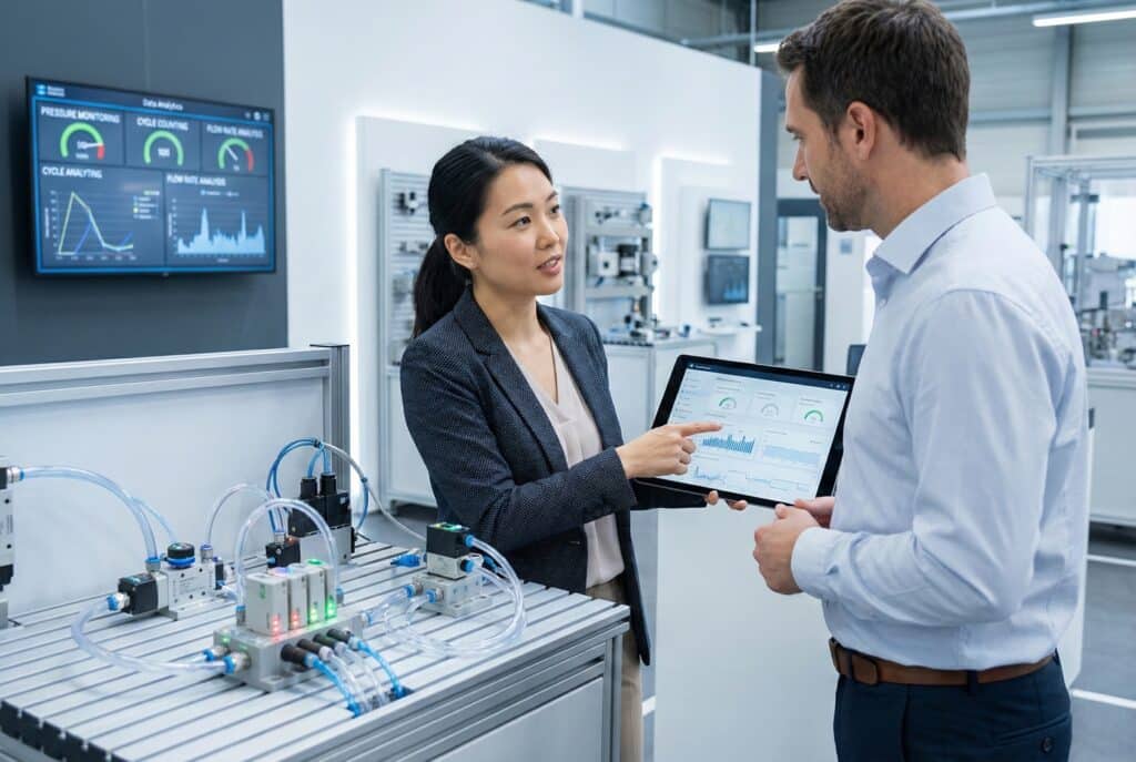 ผู้ให้บริการโซลูชันหญิงชาวเอเชียสาธิตการวิเคราะห์ระบบนิวเมติกอัจฉริยะบนแท็บเล็ตให้กับลูกค้าชายในสภาพแวดล้อมอุตสาหกรรม โดยเน้นย้ำถึงคุณค่าที่ขับเคลื่อนด้วยข้อมูล.