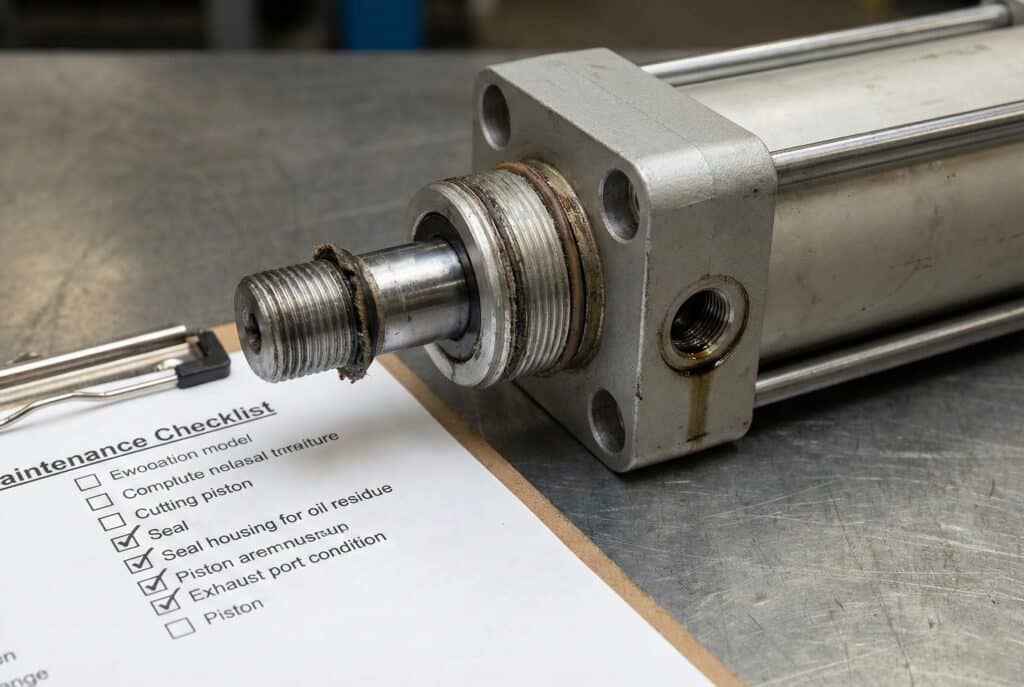 ภาพถ่ายระยะใกล้ของกระบอกสูบนิวแมติกบนโต๊ะทำงานโลหะข้างรายการตรวจสอบการบำรุงรักษา ซีลของกระบอกสูบแสดงให้เห็นการเสื่อมสภาพและคราบน้ำมันที่มองเห็นได้ ซึ่งแสดงถึงสัญญาณเตือนเบื้องต้นของความล้มเหลวตามที่อธิบายไว้ในบทความ.