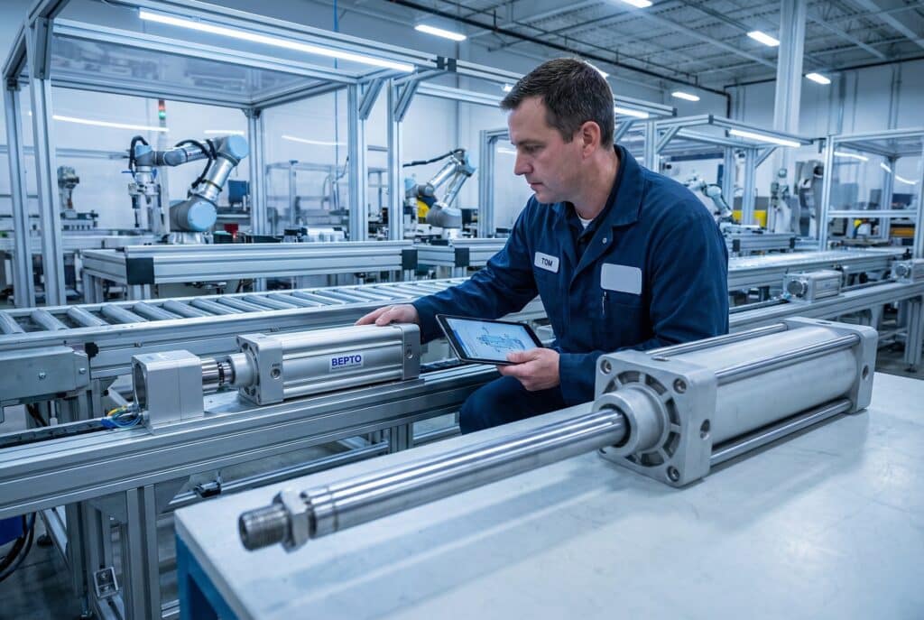 วิศวกรซ่อมบำรุงชื่อทอมในโรงงานผลิตกำลังเปรียบเทียบกระบอกสูบไร้ก้าน Bepto ขนาดกะทัดรัดบนสายการประกอบกับกระบอกสูบแบบดั้งเดิมที่มีก้านขนาดใหญ่กว่าบนโต๊ะทำงาน โดยถือแท็บเล็ตที่มีข้อมูลทางเทคนิคไว้ในมือ.