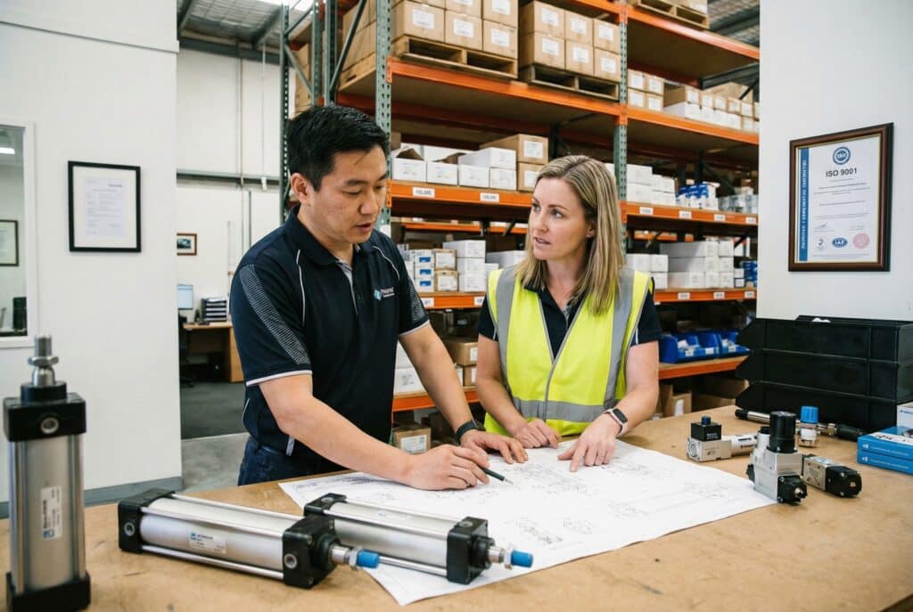 ผู้เชี่ยวชาญด้านเทคนิคจากเอเชียตะวันออกและหุ้นส่วนหญิงชาวตะวันตกกำลังตรวจสอบแบบแปลนทางวิศวกรรมและชิ้นส่วนระบบนิวแมติกในคลังสินค้าที่มีอุปกรณ์ครบครัน แสดงให้เห็นถึงความรู้ทางเทคนิคและโครงสร้างพื้นฐานที่จำเป็นสำหรับธุรกิจการจัดจำหน่าย.