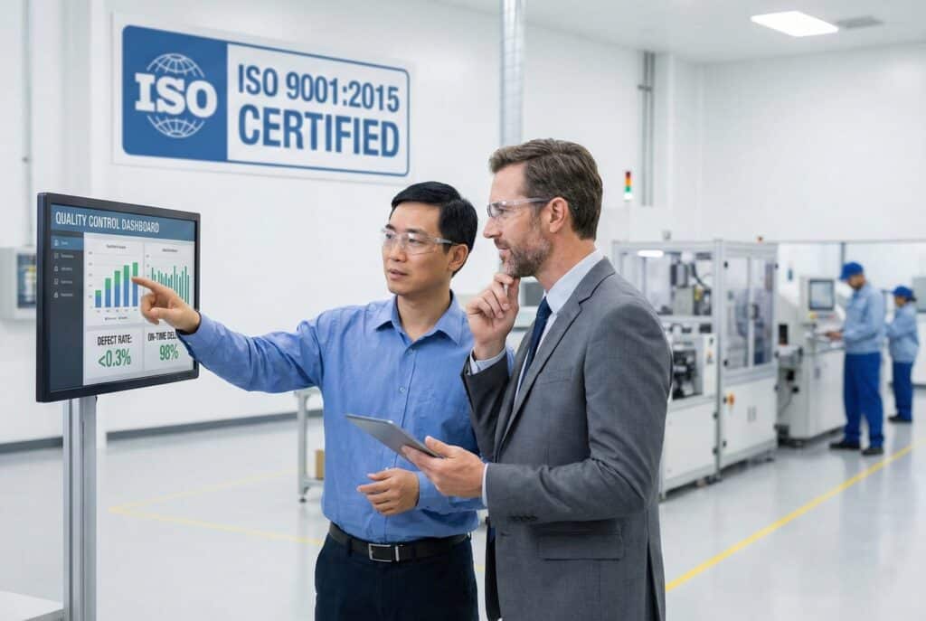 ผู้ผลิตจากเอเชียตะวันออกและผู้จัดจำหน่ายจากตะวันตกกำลังตรวจสอบข้อมูลคุณภาพแบบเรียลไทม์บนแดชบอร์ดดิจิทัลภายในโรงงานที่ได้รับการรับรองมาตรฐาน ISO 9001:2015 พร้อมทั้งหารือเกี่ยวกับความร่วมมือระยะยาวและตัวชี้วัดประสิทธิภาพ.