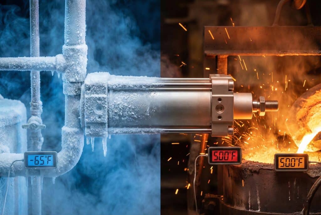 ภาพถ่ายอุตสาหกรรมแบบแบ่งหน้าจอ แสดงการทำงานของกระบอกลมนิวเมติกเฉพาะทางที่ทำงานได้อย่างน่าเชื่อถือในสภาพแวดล้อมที่มีอุณหภูมิสุดขั้ว โดยด้านซ้ายแสดงให้เห็นสภาพแช่แข็งที่ -65°F และด้านขวาแสดงให้เห็นความร้อนสูงใกล้เตาเผาที่ 500°F.