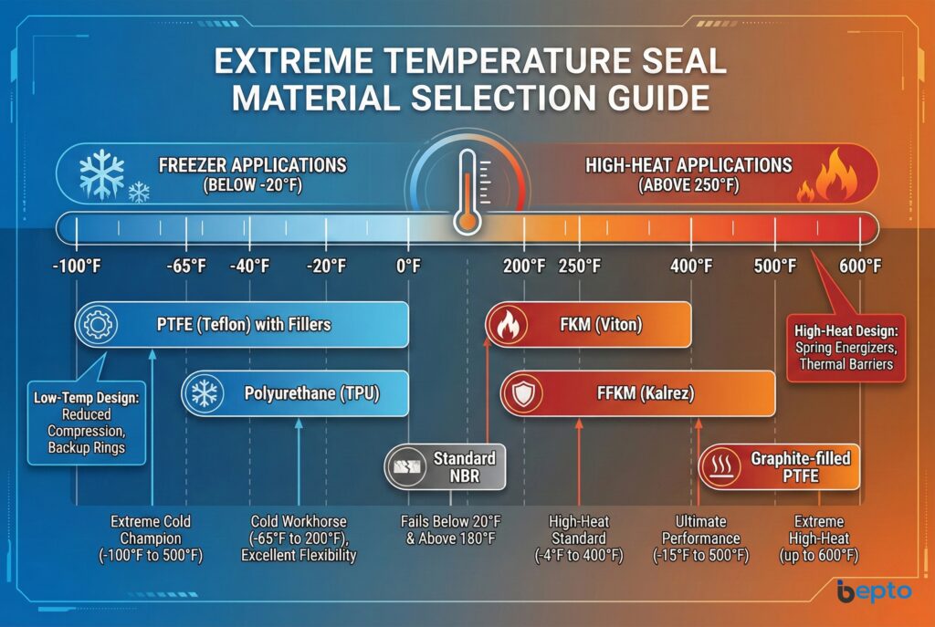 อินโฟกราฟิกที่มีรายละเอียดชื่อว่า "คู่มือการเลือกวัสดุซีลสำหรับอุณหภูมิสุดขั้ว" โดย Bepto ภาพประกอบด้วยสเกลอุณหภูมิตั้งแต่ -100°F ถึง 600°F แบ่งออกเป็น "การใช้งานในช่องแช่แข็ง" และ "การใช้งานในอุณหภูมิสูง"มันทำแผนที่วัสดุซีลเฉพาะ—เช่น PTFE (เทฟลอน) ที่มีสารเติมแต่งและโพลียูรีเทน (TPU) สำหรับความเย็น และ FKM (ไวตัน), FFKM (คาลเรซ), และ PTFE ที่เติมกราไฟต์สำหรับความร้อน—ไปยังช่วงอุณหภูมิการทำงานที่แนะนำคู่มือยังระบุขีดจำกัดความล้มเหลวของมาตรฐาน NBR อย่างชัดเจน (ต่ำกว่า 20°F และสูงกว่า 180°F) และมีหมายเหตุเกี่ยวกับการออกแบบสำหรับอุณหภูมิต่ำและอุณหภูมิสูง.