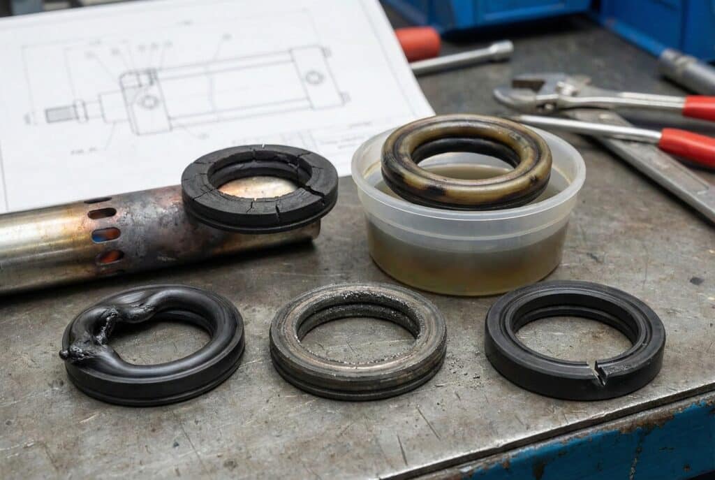 ภาพถ่ายระยะใกล้ของซีลกระบอกสูบนิวแมติกที่เสียหายจำนวนห้าชิ้นบนโต๊ะทำงานในเวิร์กช็อป แสดงให้เห็นรูปแบบความล้มเหลวของการบีบอัด การแตกร้าวจากความร้อน การบวมจากสารเคมี การสึกหรอจากการขัดถู และการตัดจากการติดตั้ง.