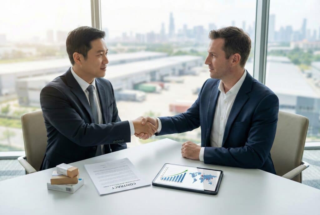 ผู้ผลิตจากเอเชียตะวันออกและผู้จัดจำหน่ายจากตะวันตกจับมือกันบนโต๊ะประชุม บนโต๊ะมีสัญญา, ตัวอย่างสินค้า, และแท็บเล็ตที่แสดงแผนภูมิการเติบโตและแผนที่ ซึ่งสื่อถึงเงื่อนไขทางธุรกิจที่ยืดหยุ่นและความร่วมมือ.