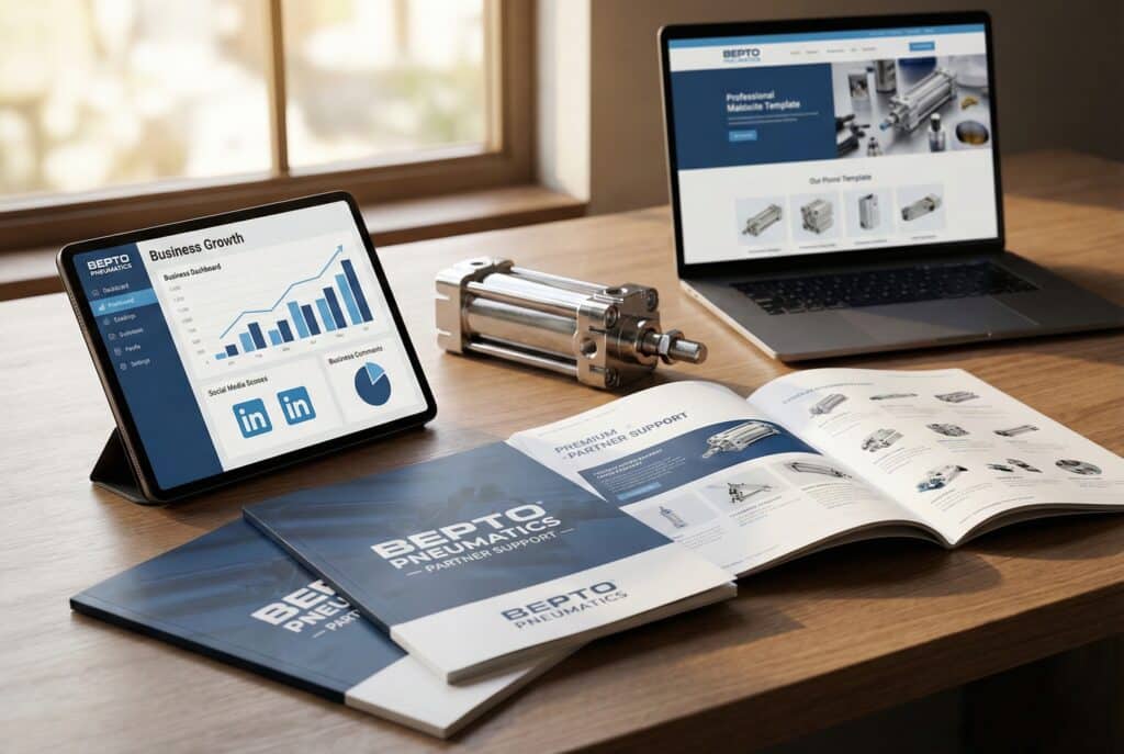 การจัดโต๊ะทำงานอย่างมืออาชีพที่แสดงชุดวัสดุสนับสนุนการตลาดสำหรับผู้จัดจำหน่าย Bepto Pneumatics ซึ่งประกอบด้วยแคตตาล็อกสิ่งพิมพ์ แท็บเล็ตที่แสดงแดชบอร์ดการเติบโตทางธุรกิจและไอคอนโซเชียลมีเดีย แล็ปท็อปพร้อมเทมเพลตเว็บไซต์ และตัวอย่างกระบอกสูบนิวเมติกที่ขัดเงาอย่างประณีต.
