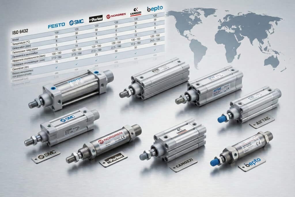 A studio photograph displaying assorted ISO 6432 mini pneumatic cylinders from leading global brands, including Festo, SMC, Parker, Norgren, Camozzi, Airtac, and Bepto Pneumatics, arranged on a brushed metal surface. In the background, a comparative technical specification table with brand logos and a world map outline illustrates global availability.