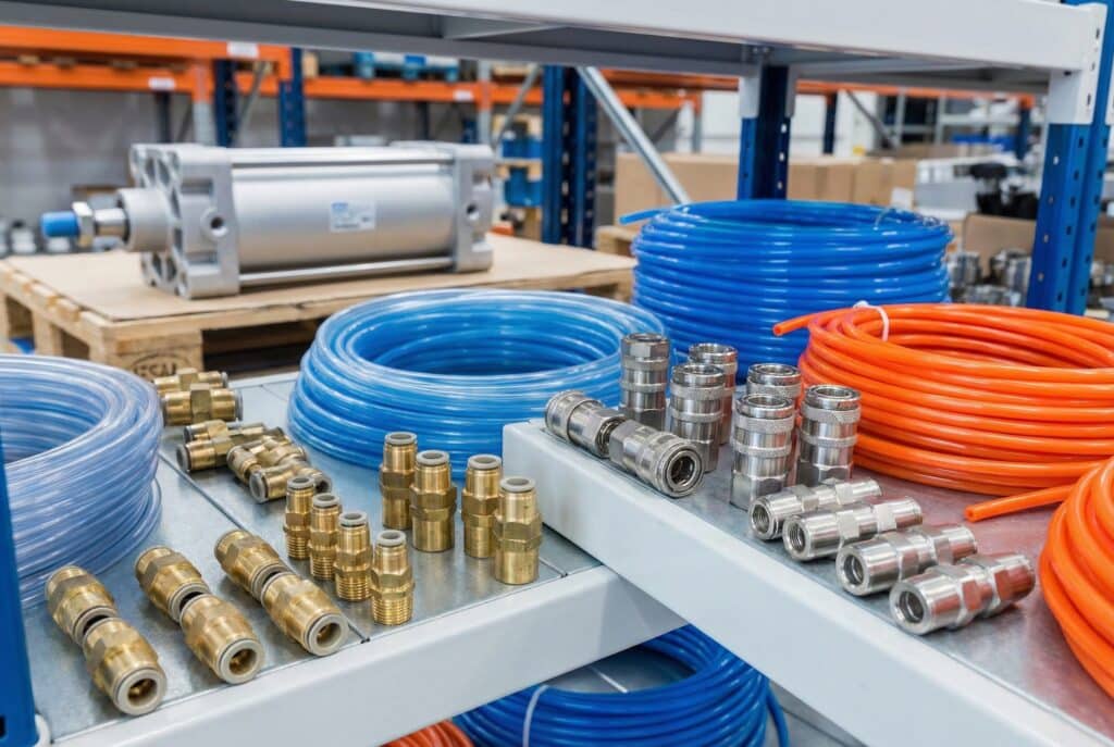 ภาพถ่ายรายละเอียดที่เน้นไปที่ชุดข้อต่อลมทองเหลืองหลากหลายชนิดและขดท่อสีน้ำเงินและสีส้มบนชั้นวางในคลังสินค้า โดยมีกระบอกลมขนาดใหญ่เบลออยู่เบื้องหลัง แสดงให้เห็นถึงผลิตภัณฑ์เสริมที่มีกำไรสูงซึ่งได้กล่าวถึงในบทความ.