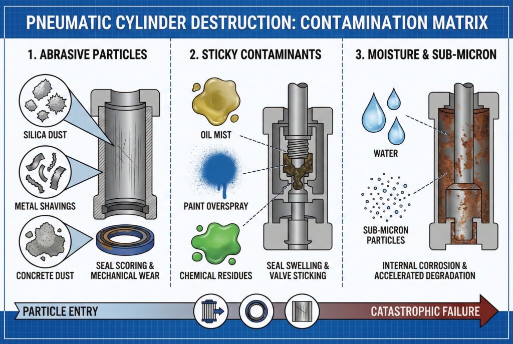 อินโฟกราฟิกทางเทคนิคที่มีชื่อว่า "การทำลายกระบอกสูบนิวเมติก: เมทริกซ์การปนเปื้อน" แสดงให้เห็นว่าสารปนเปื้อนต่างๆ ทำลายกระบอกสูบได้อย่างไร คอลัมน์แรก "อนุภาคที่ขัดถู" แสดงฝุ่นซิลิกา เศษโลหะ และฝุ่นคอนกรีตที่ขีดข่วนกระบอกสูบและทำให้ซีลสึกหรอคอลัมน์ที่สอง "สารปนเปื้อนเหนียว" แสดงให้เห็นหมอกน้ำมัน, สเปรย์สีเกิน, และสารเคมีตกค้างที่ทำให้ซีลบวมและวาล์วติด คอลัมน์ที่สาม "ความชื้นและอนุภาคละเอียด" แสดงให้เห็นน้ำและอนุภาคละเอียดที่ก่อให้เกิดการกัดกร่อนภายในและการเสื่อมสภาพที่เร่งขึ้น เส้นเวลาด้านล่างแสดงการดำเนินไปจากการเข้าสู่ของอนุภาคจนถึงความล้มเหลวอย่างรุนแรง.