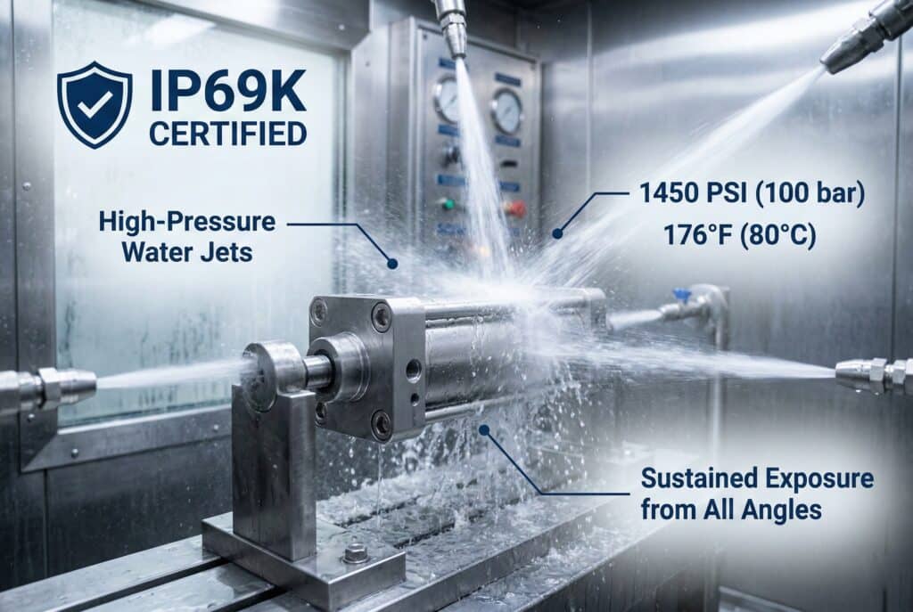 ภาพถ่ายแสดงให้เห็นลำน้ำแรงดันสูงที่พุ่งเข้าหากันอย่างทรงพลังจากหลายมุม ฉีดพ่นลงบนกระบอกสูบอุตสาหกรรมสแตนเลสสตีลที่แข็งแรงทนทานภายในห้องทดสอบ ซึ่งออกแบบมาโดยเฉพาะสำหรับการทดสอบการล้างทำความสะอาดด้วยน้ำแรงดันและอุณหภูมิสูงตามมาตรฐาน IP69K แสดงให้เห็นถึงความทนทานและความสามารถในการปิดผนึกที่จำเป็นสำหรับสภาพแวดล้อมการผลิตอาหารที่ต้องการมาตรฐานสูงสุดข้อความที่มีป้ายกำกับว่า 'IP69K CERTIFIED' พร้อมไอคอนโล่, 'High-Pressure Water Jets', '1450 PSI (100 bar)', '176°F (80°C)', และ 'Sustained Exposure from All Angles' ถูกซ้อนทับและอ่านได้ชัดเจน.